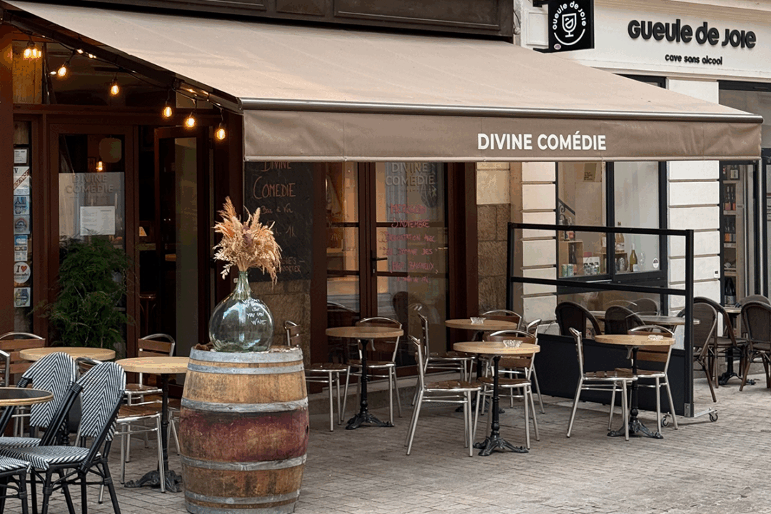 Lambrequin peint installé sur store banne au bar Divine Comédie à Nantes (44) par ESPACIO